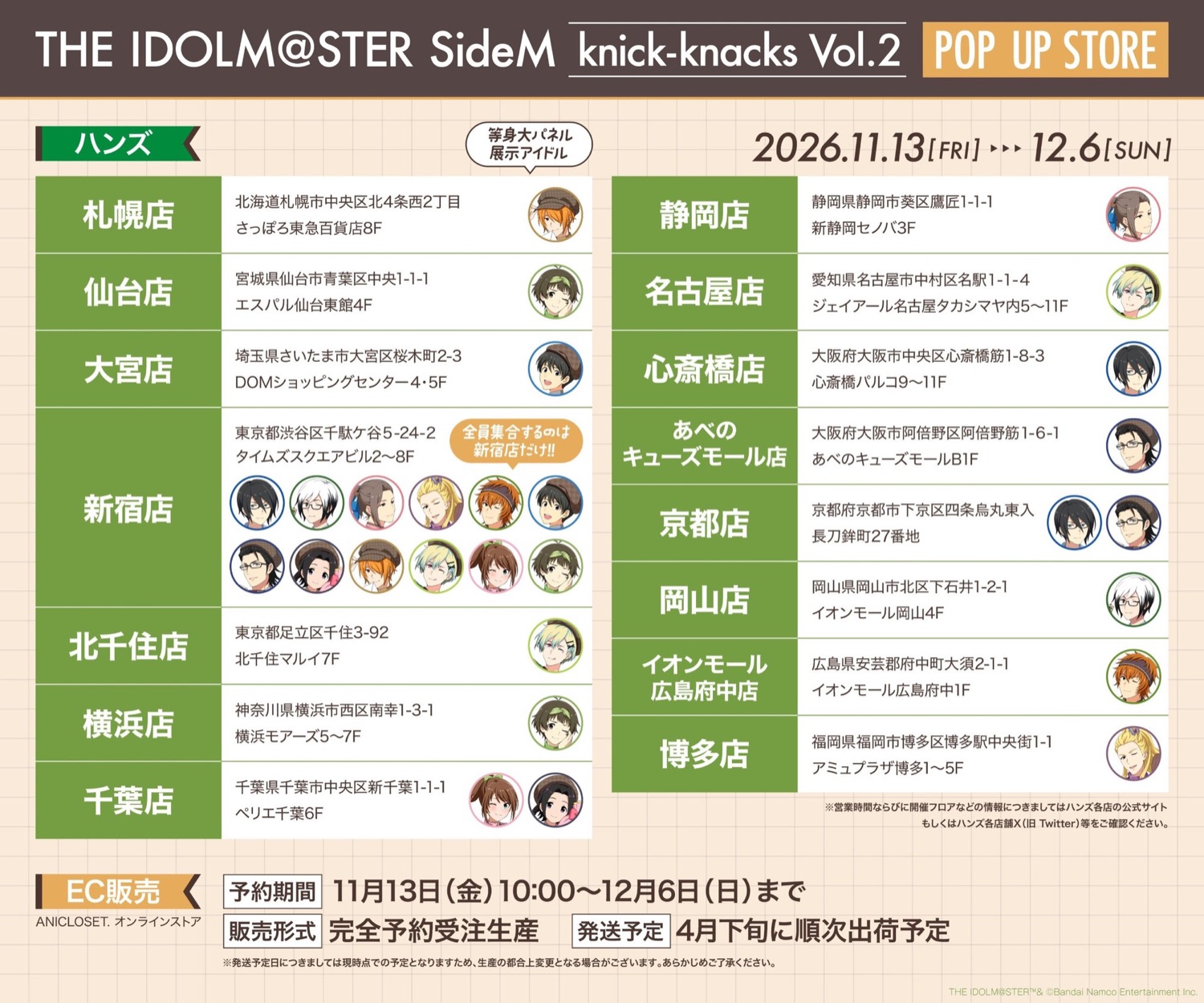 アイドルマスター SideM knick-knacks Vol.2 開催店舗と等身大パネル展示アイドル