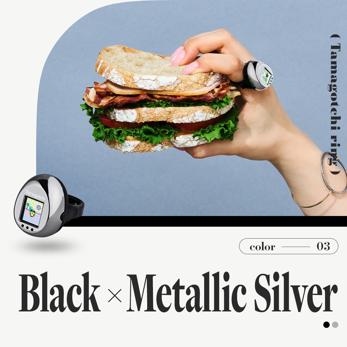 たまごっち Tamagotchi ring Black × Metallic Silver